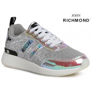 JOHN RICHMOND WOMEN NIB GLITTER SILVER METALLIC FASHION SNEAKER. EU38/US7